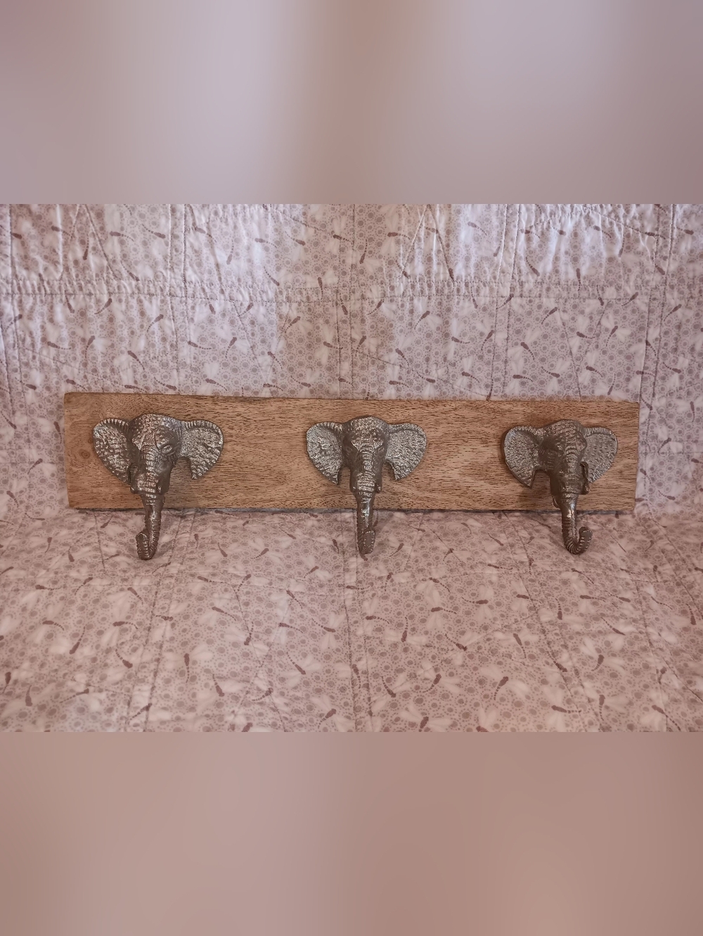 Triple Elephant Head Wall Hook - Silver on Natural Wood